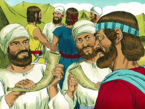 Jozue polecił kapłanom, aby przygotowali skrzynię i wybrali siedmiu, którzy pójdą na przedzie i poniosą trąby. – Slajd 3