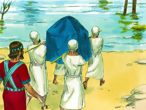 Następnego dnia Jozue powiedział kapłanom, aby podeszli z arką do wód Jordanu. Rzeka wzbierała w czasie żniw i była trudna do przekroczenia. Bóg nakazał Jozuemu, aby powiedział kapłanom, że gdy dojdą do Jordanu, mają wejść do wody i zatrzymać się. – Slajd 3