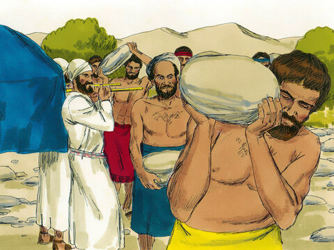 Na polecenie Jozuego wybrano dwunastu mężczyzn, po jednym z każdego plemienia Izraela. Mieli oni podnieść ze środka Jordanu po jednym dużym kamieniu, zabrać ze sobą i złożyć w miejscu, gdzie zatrzymają się na noc. – Slajd 5