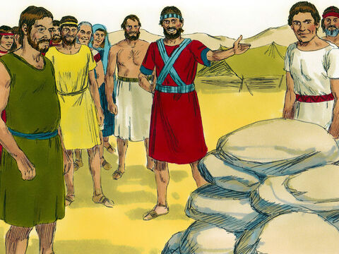 Lud rozłożył się obozem w miejscu nazwanym Gilgal, a mężczyźni niosący kamienie z Jordanu położyli je tam na pamiątkę przyszłym pokoleniom. – Slajd 7