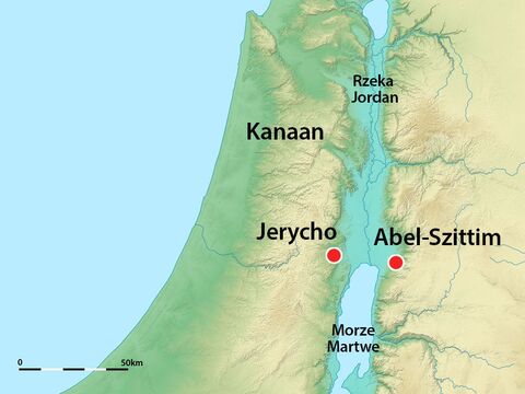 Po śmierci Mojżesza, Jozue i cały lud obozowali w Szittim na wschodnim brzegu rzeki Jordan. – Slajd 2