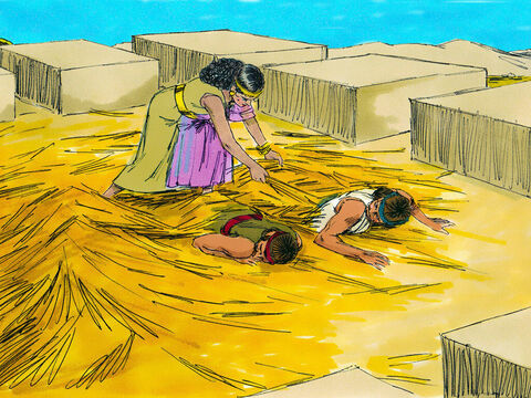 Rachab jednak, wyczuwając niebezpieczeństwo, ukryła ich na dachu pod łodygami lnu. – Slajd 10