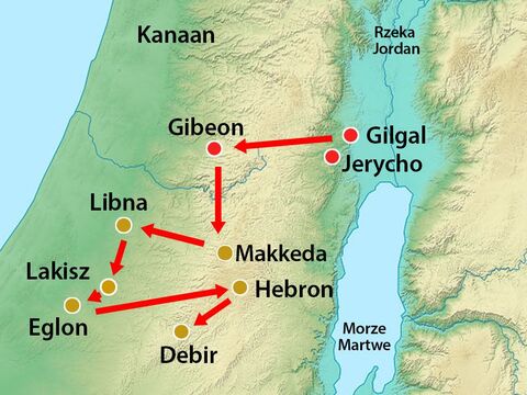 Pokonali również mieszkańców innych miast: Libny, Lakiszu, Eglonu, Hebronu i Debiru, a potem wrócili do Gilgal. – Slajd 15
