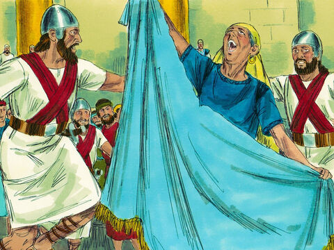 Kiedy Atalia usłyszała te krzyki, pośpieszyła do świątyni. Kiedy zobaczyła Joasza rozdarła swoje szaty i zawołała: „Zdrada!”. Żołnierze jednak otrzymali rozkaz, aby ją pojmać, wyprowadzić ze świątyni i zabić. – Slajd 4