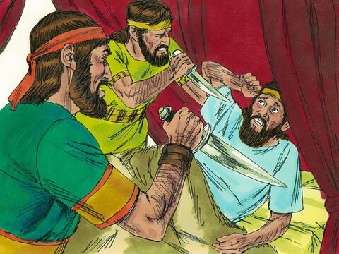 Później, jeszcze tego samego roku, wojska aramejskie zaatakowały Judę i Jerozolimę. Król Joasz został ranny w walce. Kiedy leżał chory w łóżku, jego dwaj słudzy sprzysięgli się przeciwko niemu i zabili go. W ten sposób pomścili Zachariasza. – Slajd 12