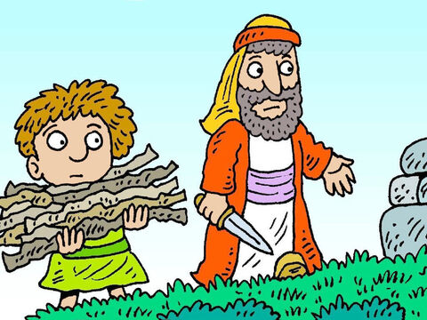 Izaak pomógł przynieść drewno na ołtarz. „Gdzie jest baranek, którego mamy złożyć Bogu na ofiarę?” – zapytał. Abraham odpowiedział: „Bóg da nam baranka”. – Slajd 5