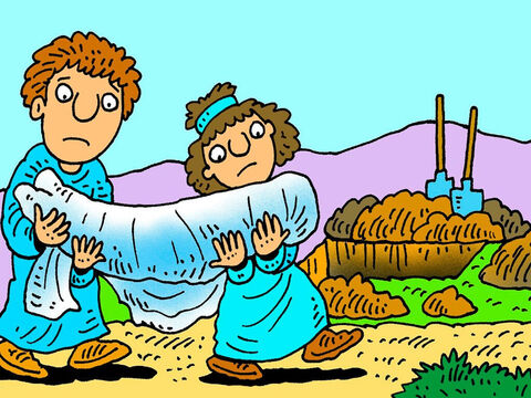 Wtedy Safira także upadła i umarła, i pochowano ją obok jej męża. <br/>Wszyscy, którzy dowiedzieli się o Ananiaszu i Safirze, pamiętali, żeby nie mówić kłamstw. – Slajd 8