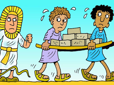Dzieci Izraela wyrastały na duże i silne, i musiały ciężko pracować dla faraona. <br/>Faraon powiedział: „Zabiorę wszystkich małych chłopców, zanim staną się silniejsi ode mnie”. – Slajd 1