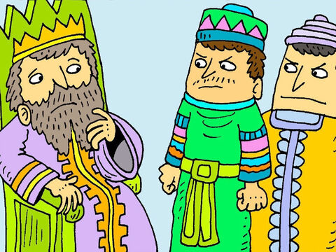 Daniel złamał zarządzenie króla. Król był bardzo smutny. Wiedział, że został oszukany. „Bóg Daniela będzie się nim opiekował” – powiedział król. – Slajd 6