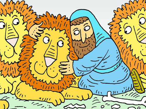 Król zobaczył, że Daniel jest cały i zdrowy. Anioł Boży zamknął paszcze lwów. Wtedy król wydał nowe zarządzenie, że każdy musi kochać Boga i modlić się tylko do Niego. – Slajd 8