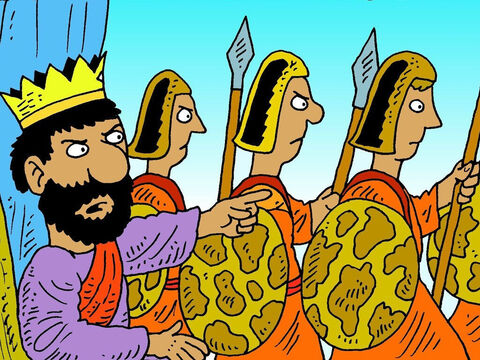 Król Saul był zazdrosny o Dawida. Pewnego dnia dowiedział się, gdzie Dawid się ukrywa, więc wziął trzy tysiące żołnierzy i poszedł, by go złapać. – Slajd 2