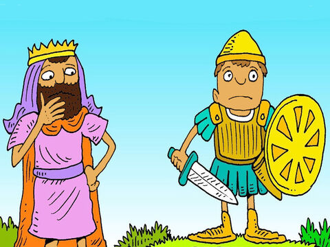 Król chciał, aby Dawid założył jego zbroję, ale była ona za duża! „Nie mogę tego nosić – powiedział – umiem tylko rzucać kamieniami z procy”. – Slajd 4