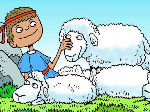 Dawid był dobrym pasterzem. Troszczył się o wszystkie owce. Modlił się też i prosił Boga, aby zapewnił im bezpieczeństwo. – Slajd 2