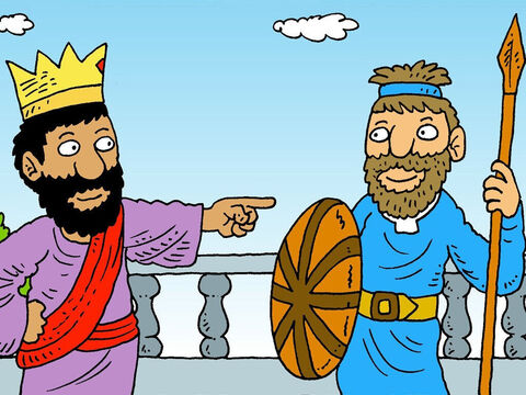 Wtedy król Saul wpadł na inny pomysł. „Możesz poślubić moją córkę, jeśli będziesz dzielnie walczył i pokonasz Filistynów. Zostaniesz kapitanem mojej armii” – zaproponował. – Slajd 5