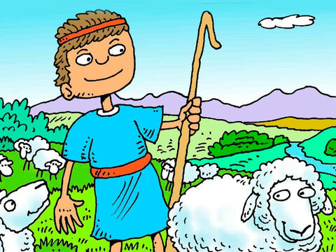 Dawid opiekował się owcami swojego ojca. Lubiły one jeść zieloną trawę i pić świeżą wodę, a kiedy je wołał, szły za nim. – Slajd 2