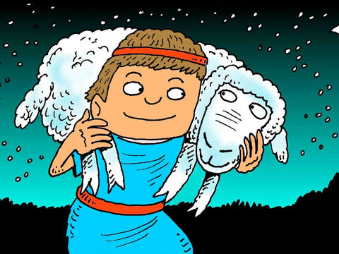 Czasami musiał znaleźć zagubioną owcę lub nieść chorą owieczkę. Dawid był dobrym pasterzem. Kochał swoje owce, a one kochały jego. – Slajd 5