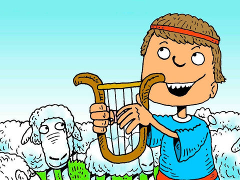 Podczas pilnowania owiec Dawid grał na swojej harfie i śpiewał pieśni pochwalne dla Boga. Wiele z pieśni Dawida znajduje się w Biblii i nazywane są psalmami. – Slajd 8