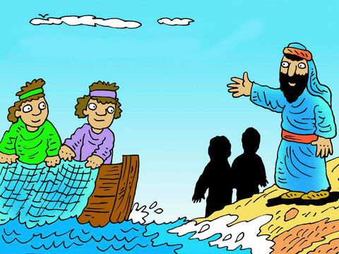 Pierwsi czterej, których znalazł Jezus, byli rybakami. Szymon (Piotr) i Andrzej zostawili swój połów i swoje rodziny, i poszli za Jezusem. – Slajd 2