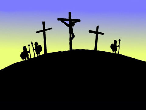 Jezus został umieszczony na krzyżu na szczycie wzgórza. Żołnierze stali na straży. Jego przyjaciele byli smutni. – Slajd 5
