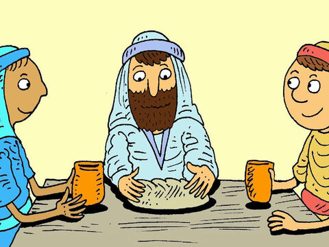 Kiedy dotarli do domu, zaprosili nieznajomego na posiłek. On wziął chleb, połamał go i podziękował Bogu, że Jezus umarł za nich. – Slajd 6