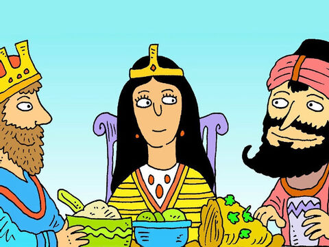 Podczas specjalnego posiłku, królowa Estera opowiedziała swojemu mężowi, królowi, o planie Hamana. Król był bardzo rozgniewany. – Slajd 6