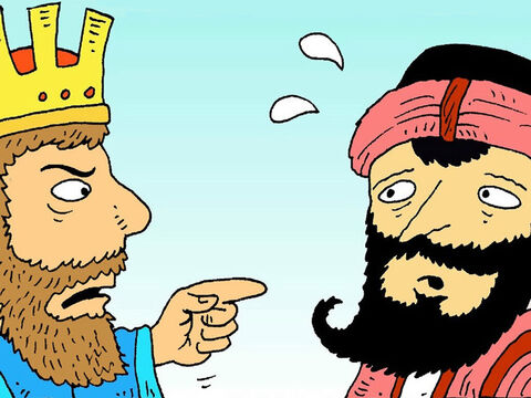 „Jeśli zabijesz Żydów – powiedział król –  zabijesz również moją żonę!”. Haman przeraził się. – Slajd 7