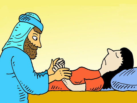Jezus wszedł do pokoju, w którym leżała martwa dziewczynka. Wziął ją za rękę i powiedział: „Dziewczynko, mówię ci, wstań”. – Slajd 6