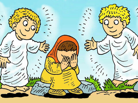 Maria pozostała przy grobie, płacząc. Dwaj aniołowie zapytali ją: „Dlaczego płaczesz?”.<br/>„Zabrali Jezusa – odpowiedziała – i nie wiem, gdzie Go położyli”. – Slajd 4