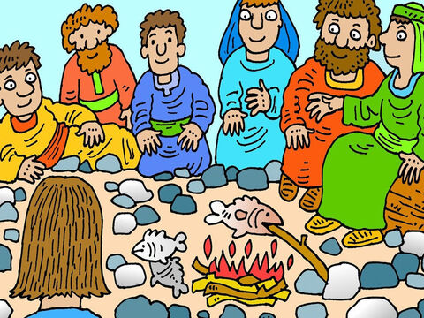 Niedługo potem siedmiu uczniów Jezusa wróciło z połowu i spotkało Jezusa. Piekł ryby na ognisku na plaży, a potem zjadł z Nimi śniadanie. Jezus naprawdę żyje! – Slajd 6