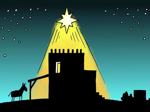 Tej nocy w stajni w Betlejem narodził się Jezus, obiecany Zbawiciel. Bardzo jasna gwiazda pojawiła się na niebie tuż nad miejscem, gdzie się urodził. – Slajd 7