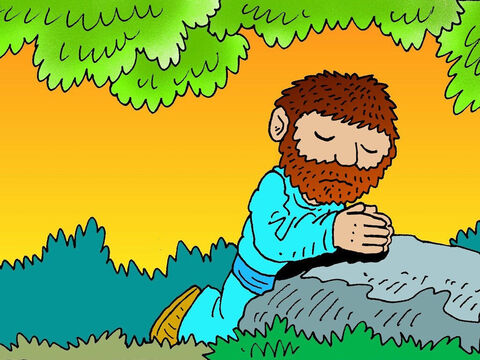 Jego przyjaciele usiedli w ogrodzie, podczas gdy Jezus odszedł nieco dalej, aby modlić się samemu, prosząc Ojca Niebieskiego, aby pomógł mu stawić czoła temu, co go czekało. – Slajd 3