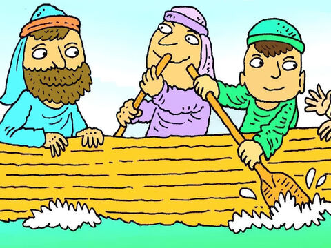 Pewnego pięknego wieczoru Jezus i niektórzy z Jego przyjaciół wsiedli do łodzi, aby przepłynąć na drugą stronę jeziora. – Slajd 2