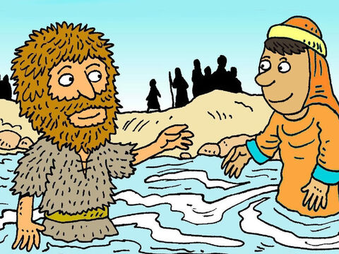 Ludzie ci udawali się nad rzekę Jordan. Jan ochrzcił ich w wodzie, aby pokazać, że odtąd będą robić to, co dobre i słuszne. – Slajd 5