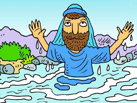 Jan ochrzcił więc Jezusa w rzece Jordan. Gdy Jezus wyszedł z wody, dał się słyszeć głos Boży mówiący: „To jest mój Syn. Tak bardzo Go kocham. Jestem z Niego bardzo zadowolony". – Slajd 8