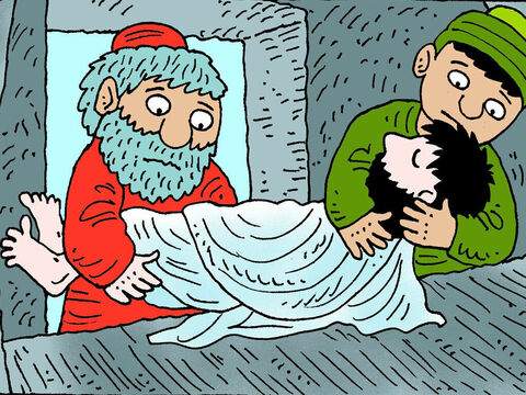 Józef i Nikodem wzięli ciało Jezusa i delikatnie owinęli je w lniane płótna z wonnymi przyprawami mirry i aloesu, które Nikodem przyniósł, gdyż taki był zwyczaj pogrzebowy Żydów. – Slajd 5