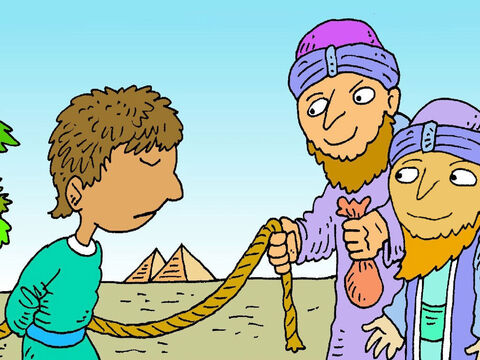 Bracia zobaczyli mężczyzn, którzy jechali na wielbłądach. Byli to handlarze udający się do Egiptu. Bracia zabrali Józefa i sprzedali go kupcom, którzy wzięli go, aby potem sprzedać go jako sługę, który będzie ciężko pracował dla tego, kto go kupi. – Slajd 8