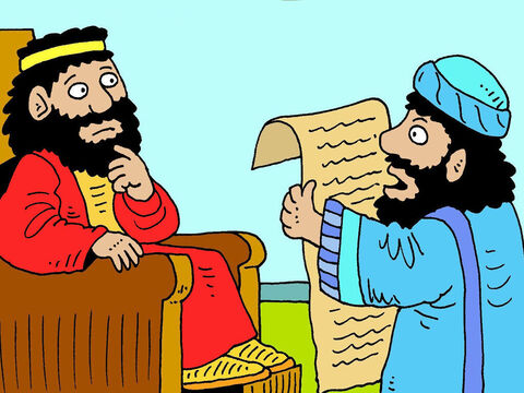 Arcykapłan Chilkiasz dał stary zwój słudze króla Jozjasza, a on przeczytał Jozjaszowi prawa Mojżesza i Dziesięć Przykazań. – Slajd 4