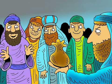 Przywódcy Świątyni chcieli pozbyć się Jezusa, więc Judasz zaproponował, że pokaże im, gdzie Go znajdą, jeśli zapłacą mu trochę pieniędzy. Dali mu trzydzieści srebrnych monet. – Slajd 5