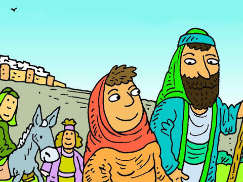 Kiedy nadszedł czas powrotu do domu, wszystkie rodziny poszły razem. Józef i Maria myśleli, że Jezus idzie z przyjaciółmi. – Slajd 5