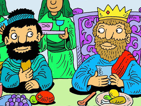 Tak więc, każdego dnia, przez resztę swojego życia, Mefiboszet jadał przy królewskim stole z synami króla. Król Dawid opiekował się nim. – Slajd 7