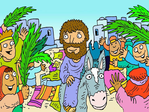 Drogą szło mnóstwo ludzi. Byli tak szczęśliwi, że zobaczyli Jezusa, że kładli swoje płaszcze na drodze, aby osiołek szedł do nich dalej. – Slajd 5