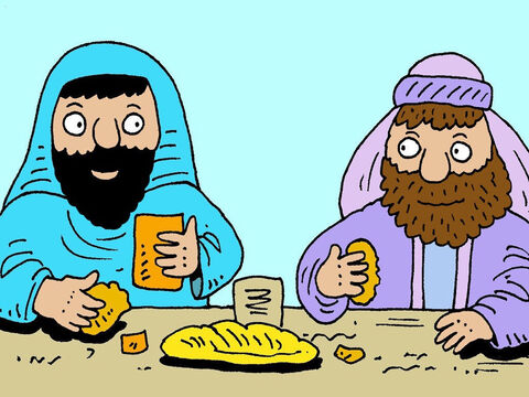Pewnego dnia Jezus został zaproszony na posiłek do domu jednego ważnego faryzeusza. Było tam wielu bogatych ludzi, którzy przyglądali się Jezusowi i słuchali Go. Wtedy On opowiedział faryzeuszowi tę oto historię... – Slajd 2