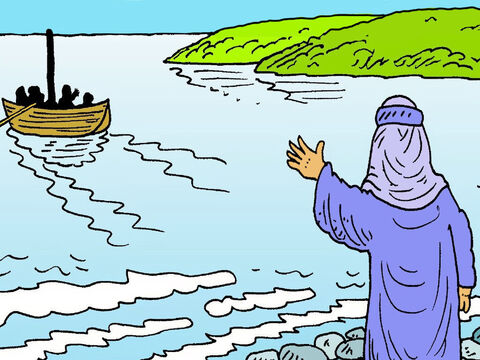 Jezus wysłał swoich pomocników i Piotra na drugą stronę jeziora. Był zmęczony. Chciał być sam, aby odpocząć i pomodlić się, ponieważ przez cały dzień rozmawiał z wieloma ludźmi. – Slajd 1