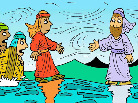 Jezus zawołał: „Nie bójcie się, to tylko ja”. <br/>Piotr nie wierzył własnym oczom i powiedział: „Jeśli to naprawdę Ty, Jezu, to powiedz mi, abym przyszedł do Ciebie po wodzie”. <br/>Potem wyszedł z łodzi i zaczął iść po wodzie do Jezusa. – Slajd 4
