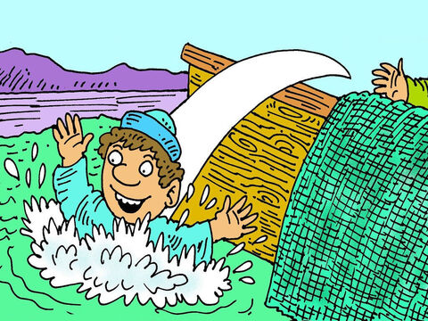 Piotr szybko założył  koszulę i popłynął do brzegu. Był bardzo podekscytowany tym, że zobaczył żywego Jezusa! To był już trzeci raz, kiedy spotkał Jezusa po Jego zmartwychwstaniu. – Slajd 7