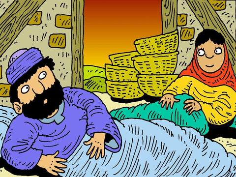 Noemi modliła się o męża dla Rut. Powiedziała jej, żeby poszła na pole jęczmienia i spała na końcu posłania Boaza. Kiedy Boaz obudził się, był zdziwiony tym, że ją tam widzi. – Slajd 2