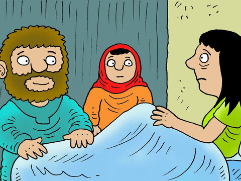 Gdy Jezus był jeszcze w Kafarnaum, poszedł do domu Piotra i zastał jego teściową leżącą w łóżku z wysoką gorączką. Jezus wyciągnął rękę i dotknął jej dłoni. – Slajd 6