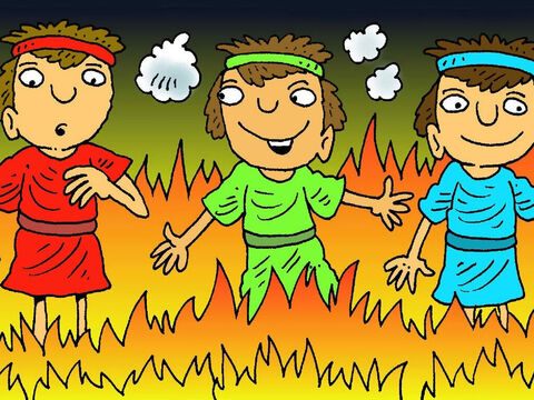 Żołnierze króla wrzucili mężczyzn do ognia. Był on bardzo gorący, ale nie spalił ich! Bóg się nimi opiekował! Nie spaliły się nawet ich ubrania! – Slajd 7