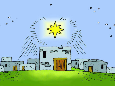 Mędrcy wyruszyli więc w stronę Betlejem. Zobaczyli gwiazdę świecącą na wschodzie i poszli w jej kierunku, aż znalazła się tuż nad domem, w którym mieszkała Maria z Dzieciątkiem Jezus. – Slajd 5