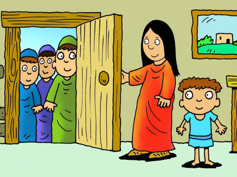 Kiedy Maria otworzyła drzwi, była zaskoczona, widząc tak ważnych przybyszów z dalekiego kraju. Powiedzieli Jej, że byli nawet w pałacu króla Heroda, aby znaleźć nowo narodzonego Króla! – Slajd 6